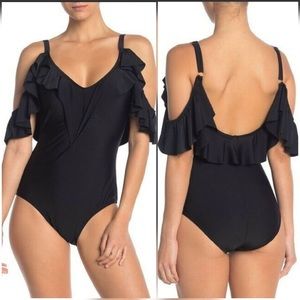 NWT Nicole Miller Black Ruffled Cold Shoulder One-Piece Swimsuit Size S $120